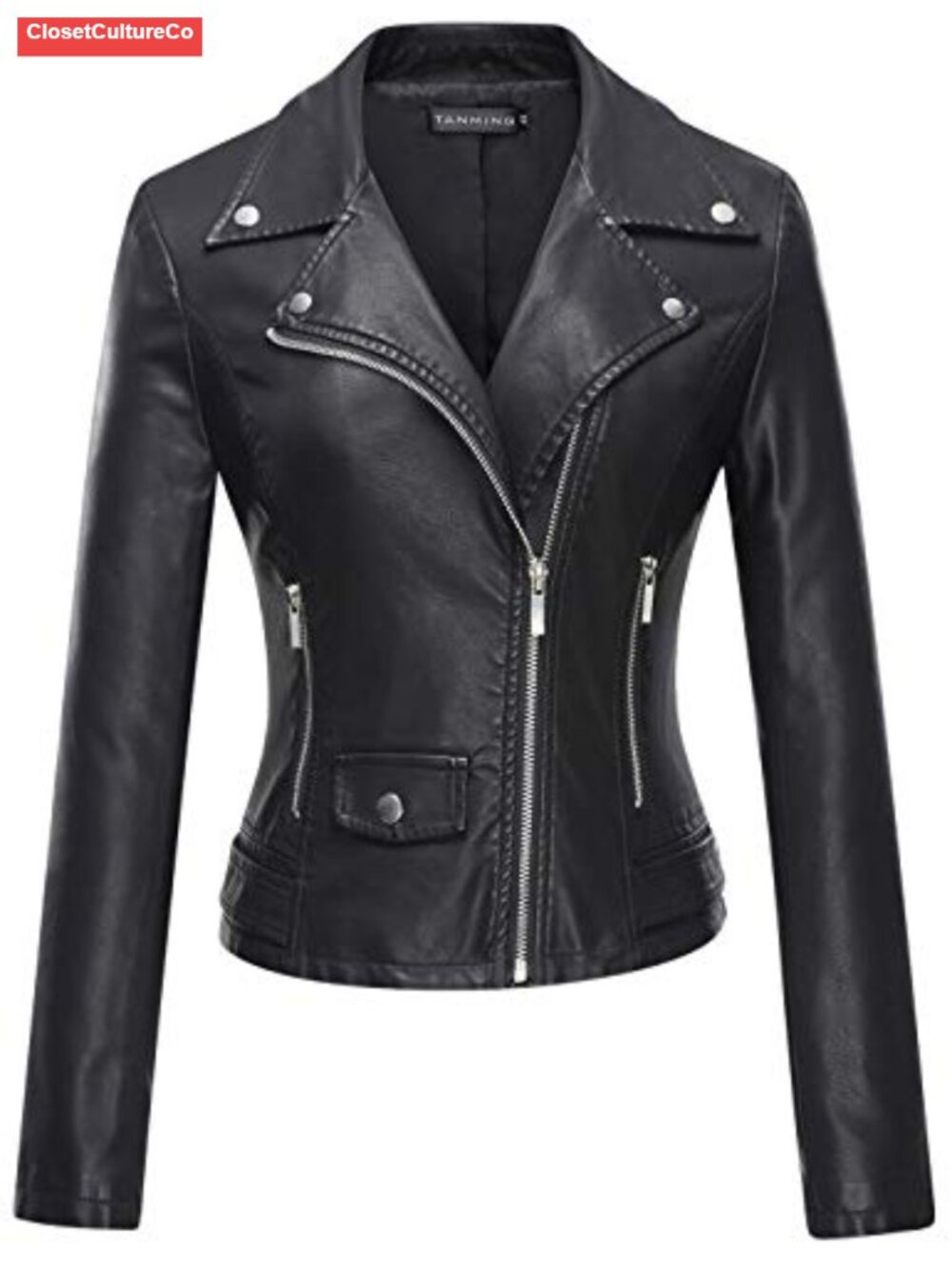 Faux Leather Moto Biker Short Coat Jacket Notch Collar Zip Up